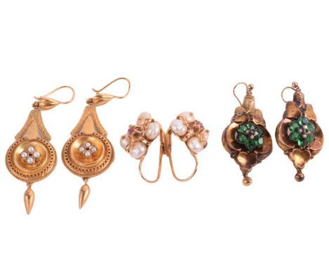 Three pairs of gem-set earrings; including a 9ct yellow gold Etruscan revival style pendant earrings set with pearls, fitted 