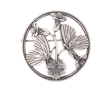 Georg Jensen - a butterfly brooch, depicting two butterflies resting upon bellflowers, fitted with hinged pin-stem and roll-o
