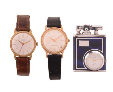 A Zenith 3600 automatic wristwatch, a Ronet Incabloc watch, Eclydo lighter/timepiece. The Zenith 3600 features a Swiss-made a