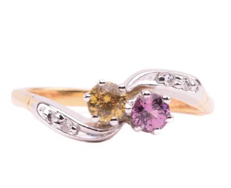 A gem-set toi et moi ring in 18ct gold, set with a circular-cut pink sapphire and yellow sapphire in coronet settings, with d