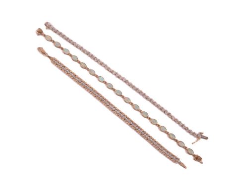Three gem-set line bracelets in 9ct gold; the first comprises synthetic opal cabochons in collets in connecting links, fasten