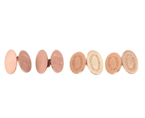 Two pairs of 9ct gold oval chain cufflinks; one pair with monogrammed panels and in rose gold, Birmingham 1924; another pair 