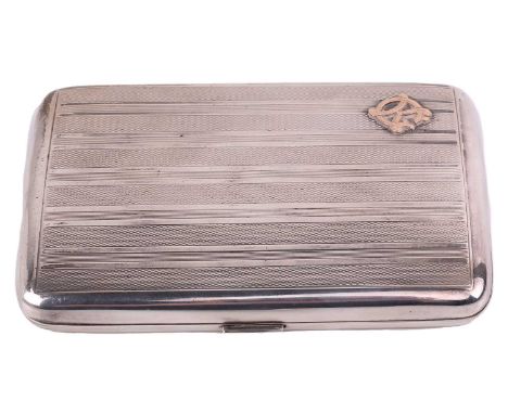 A Danish white metal cigar case by Johannes Siggaard, of curved rectangular form engine turned decoration with an applied gil