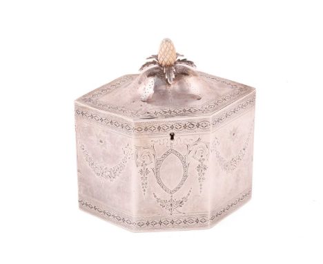 A George III silver tea caddy, London 1788 by William Sumner, of hexagonal form, encompassed with pin-struck banded borders, 