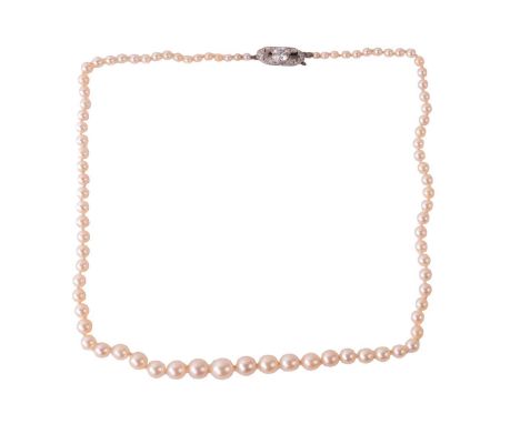 A single-strand graduated cultured pearl necklace with diamond clasp, consisting of eighty-five pearls sizing from 3.2 mm dia