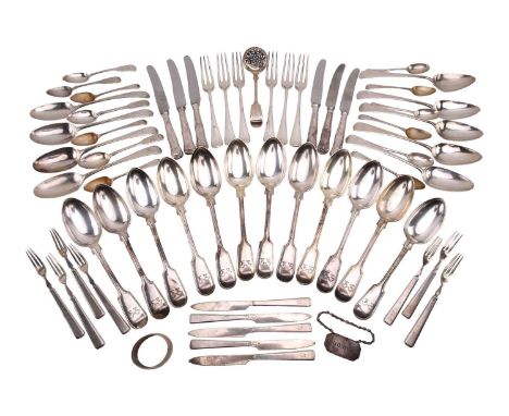 A collection of 18th/19th/20th-century silver flatware including a set of four feather-edged Old English pattern tablespoons,