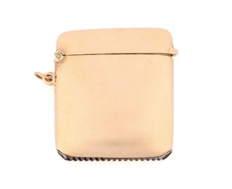 A vesta case in 9ct yellow gold, in a rectangular form with rounded corners and convex sides, with a plain polished body, hin