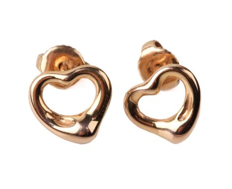Tiffany & Co. - a pair of open heart stud earrings, designed by Elsa Peretti, fitted with peg and butterflies, signed and yel
