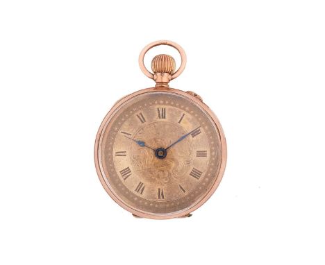 A 9ct gold lady's open-face pocket watch, featuring a Swiss-made keyless wound movement in a yellow metal case stamped '375' 