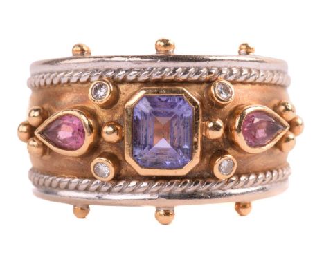 A gem-set tapered templar ring in 18ct gold, collet-set with octagonal step-cut tanzanite of light purple colour, approximate