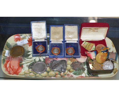 TRAY WITH 3 VARIOUS WAR MEDALS, SILVER AGRICULTURAL MEDALS, SILVER &amp; ENAMEL FOB MEDALS ETC     