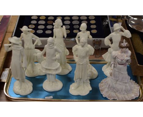 TRAY WITH SET OF ROYAL WORCESTER FIGURINE ORNAMENTS &amp; COALPORT FIGURINE ORNAMENT     