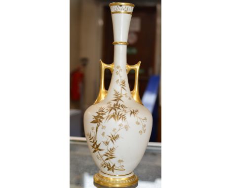 13" ROYAL WORCESTER BLUSH IVORY VASE WITH TWIN HANDLES &amp; GILT DECORATION     