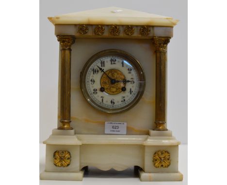 ORNATE MARBLE STRIKING MANTLE CLOCK WITH GILT COLUMNS &amp; KEY     