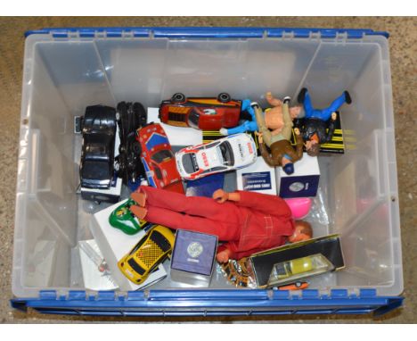 VARIOUS SCALEXTRIC CARS, A TEAM ACTION FIGURES, JAMES BOND BOXED FIGURE ORNAMENTS, 6 MILLION DOLLAR TOY FIGURE ETC     