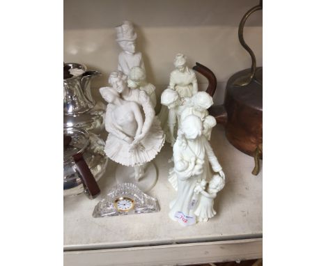 ROYAL WORCESTER CREAM PORCELAIN FIGURES AND OTHERS AND GLASS CLOCK    D3