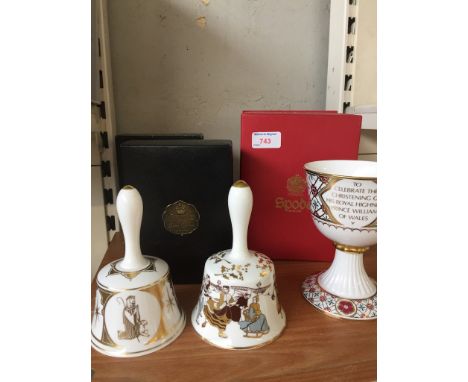 SPODE PRINCE WILLIAM CHRISTENING GOBLET AND TWO HAMMERSLEY BELLS - ALL BOXED