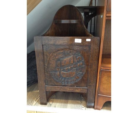 OAK STICK STAND WITH CARVED SHIP PANEL. W40CM