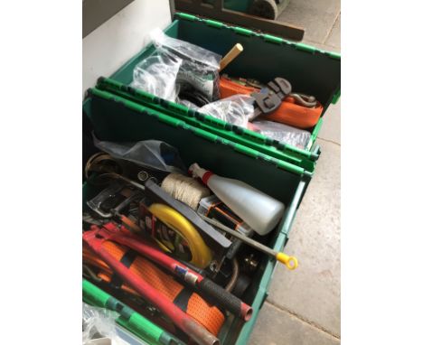 TWO BOXES OF TOOLS AND VEHICLE STROPS WITH RATCHETS
