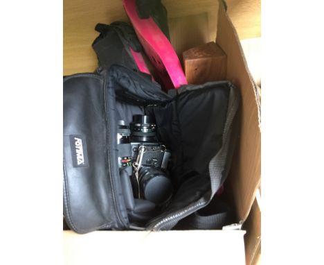 BOX WITH CAMERA, POTTERY AND FLIPPERS