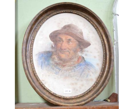 A watercolour portrait of a fisherman in oval gilt frame - faint signature