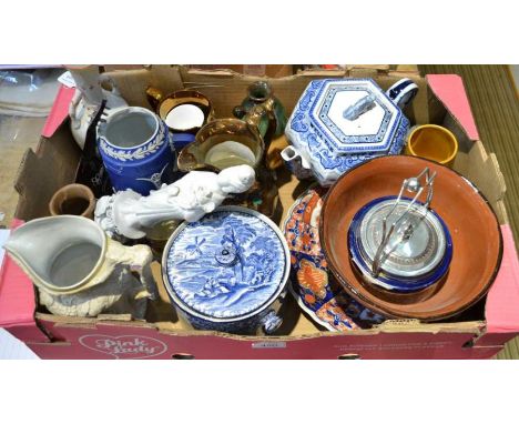 A box of various porcelain and pottery items, Bulgarian slipware bowl, Victorian gothic style jug, Chinese plate etc&nbsp;