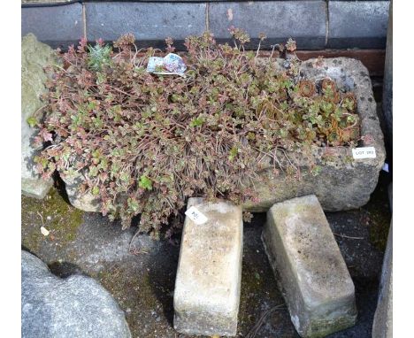 A small trough planter with contents on two stone supports