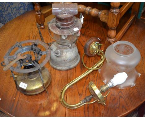 Tilley lamp, Primus stove and a converted gas wall lamp with shade
