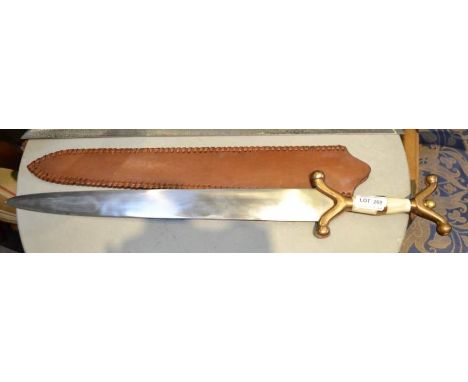 A bone and brass handled short re-enactment sword in leather scabbard