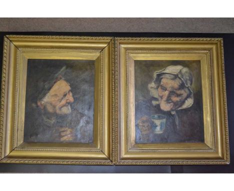 Henri Pitcher, a pair of portraits, of elderly peasants, oil on canvas, signed, 28cm x 23cm, gilt framed&nbsp;