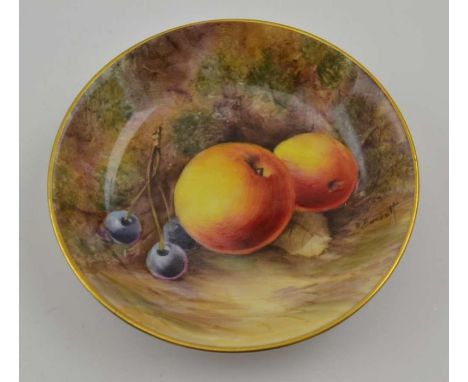 A Royal Worcester bone china pin dish, hand painted fruit decoration by David Bowkett, 10cm dia