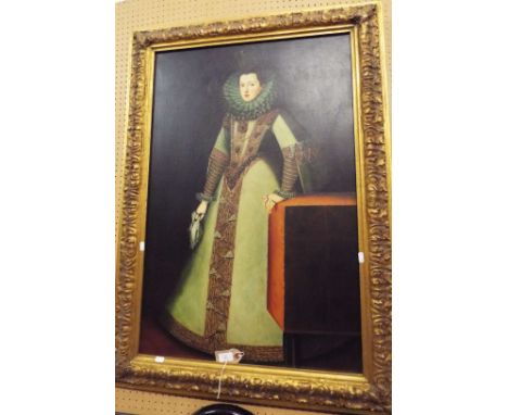 A reproduction oil on canvas portrait of a medieval noble lady, set into an ornate contemporary gilt frame