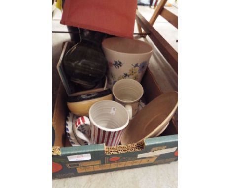 A mixed selection of Rye Pottery to include planter, cottage stripe mug, plates and lamp