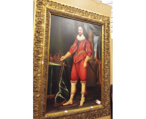 A reproduction oil on canvas portrait of a medieval king, set into an ornate contemporary gilt frame