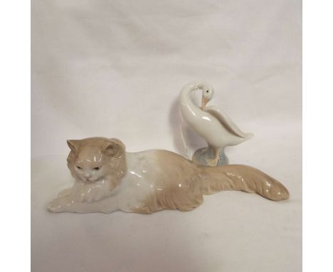 A Lladro figure of a goose and a Nao figure of a recumbent cat