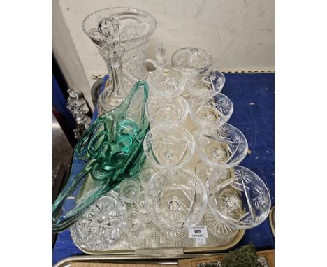 TRAY CONTAINING 8 CUT CRYSTAL CHAMPAGNE GLASSES, CUT CRYSTAL BUTTER DISHES, 1970'S COLOURED GLASS DISH, DECANTER &amp; STOPPE