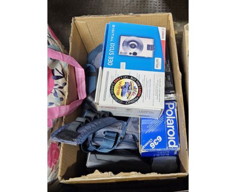 BOX CONTAINING POLAROID CAMERAS, ROCKET CAMERA, CANON CAMERA, DIGITAL CANON CAMERA ETC