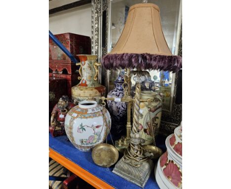 VARIOUS DOUBLE HANDLED ORIENTAL VASES, ORIENTAL GINGER JAR, ORIENTAL FIGURE, BRASS BALANCE SCALES, BARLEY TWIST COLUMNED LARG