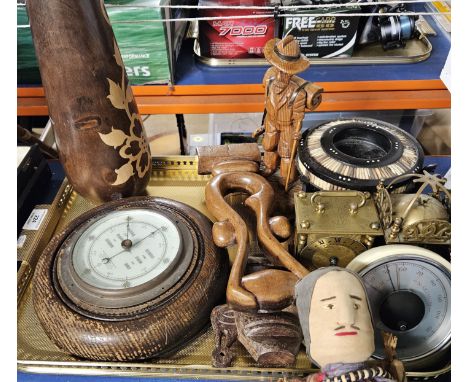 TRAY CONTAINING BAROMETER, WOODEN VASE, PORCUPINE QUILL EBONISED STAND, BRASS CARRIAGE CLOCK, BRASS MANTLE CLOCK, WOODEN CARV