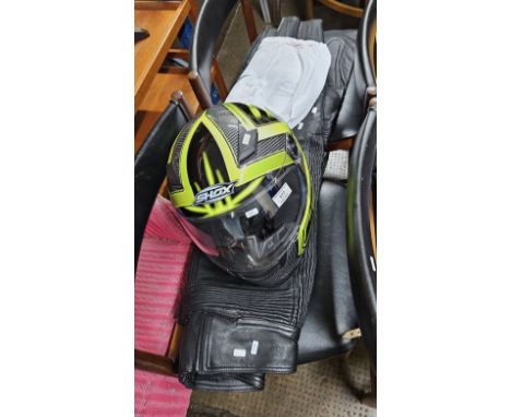 SHOX CRASH HELMET, 2 PAIRS OF MOTORBIKE LEATHER TROUSERS