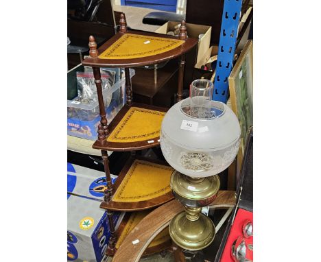 BRASS FINISHED PARAFFIN LAMP WITH SHADE &amp; 4 SHELVED WHATNOT     