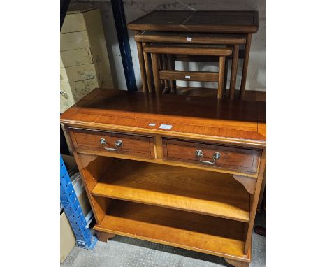 TEAK DOUBLE DOOR UNIT, TEAK FRAMED TILE TOPPED TABLES, YEW WOOD 2 DRAWER BOOKCASE UNIT