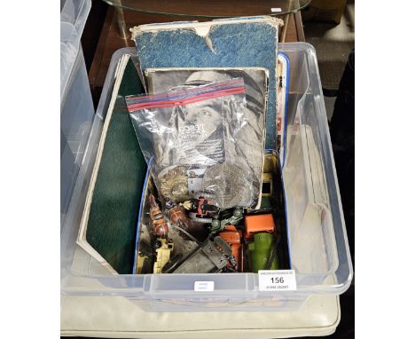 BOX CONTAINING TOY CARS, HISTORIC MAPS, CAR CLUB BADGES ETC