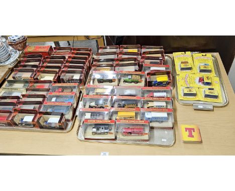 VARIOUS MATCHBOX MODEL DELIVERY TRUCKS, FIRE ENGINE, ALL BOXED ACROSS 5 TRAYS, APPROX 60