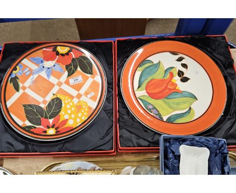 2 BOXED CENTENARY CLARICE CLIFF STYLE PLATES RED TULIP &amp; BLOSSOM WITH BOXES     
