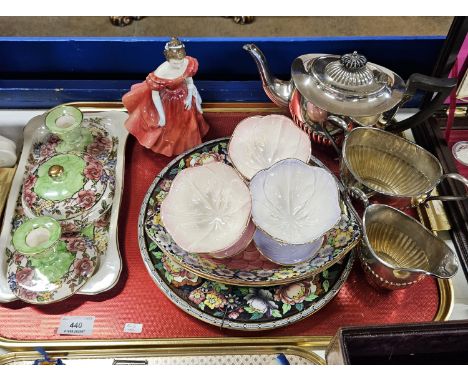 ROYAL DOULTON FIGURINE WIN SOME, 3 PIECE EP TEA SERVICE, 3 MALING GRAPEFRUIT DISHES, MALING DISPLAY PLATE, 2 MALING SHAPED DI