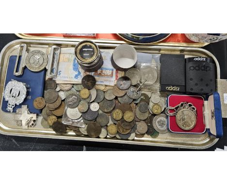 TRAY WITH LARGE QUANTITY OF COINAGE, VARIOUS PAPER NOTES, MEDALS, ZIPPO LIGHTERS, COIN MOUNTED PENDANT &amp; CHAIN, BRITISH F