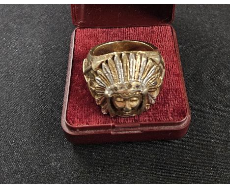 GENTS HEAVY 9 CARAT GOLD INDIAN CHIEF RING, WEIGHT APPROX 36.7 GRAMS