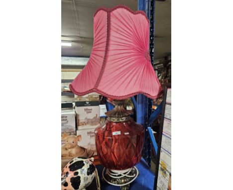LARGE RUBY COLOURED GLASS TABLE LAMP &amp; SHADE     