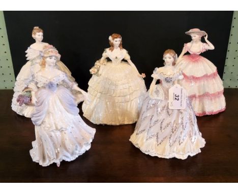 Four Coalport figurines, together with a Royal Worcester figurine. Condition Report: No apparent damage.